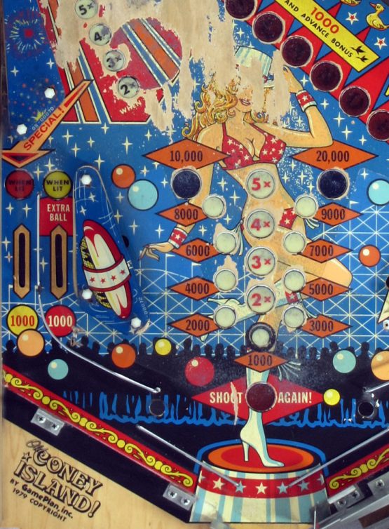 70s pinball flipperkast - cool vintage design art from the seventies "Old Coney Island" retro, disco, arcade game, machine, flippers