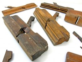 Set of 8 Antique Cabinet makers or framemakers wood planes for use or decoration. Some with makers marks.