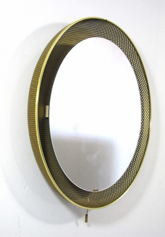Gold Mathieu Mategot style fifties vintage mirror with light